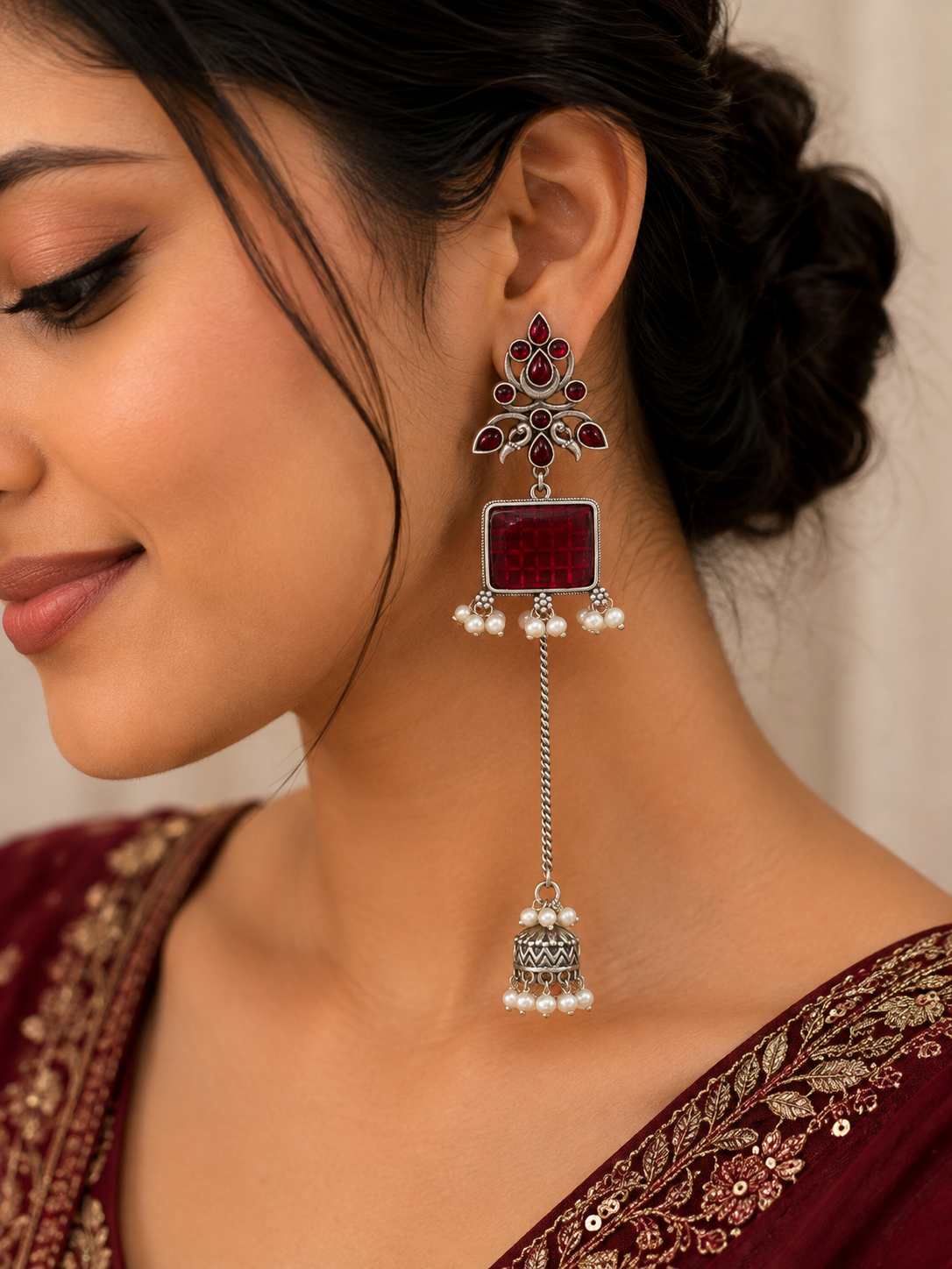 Red chain-drop jhumki