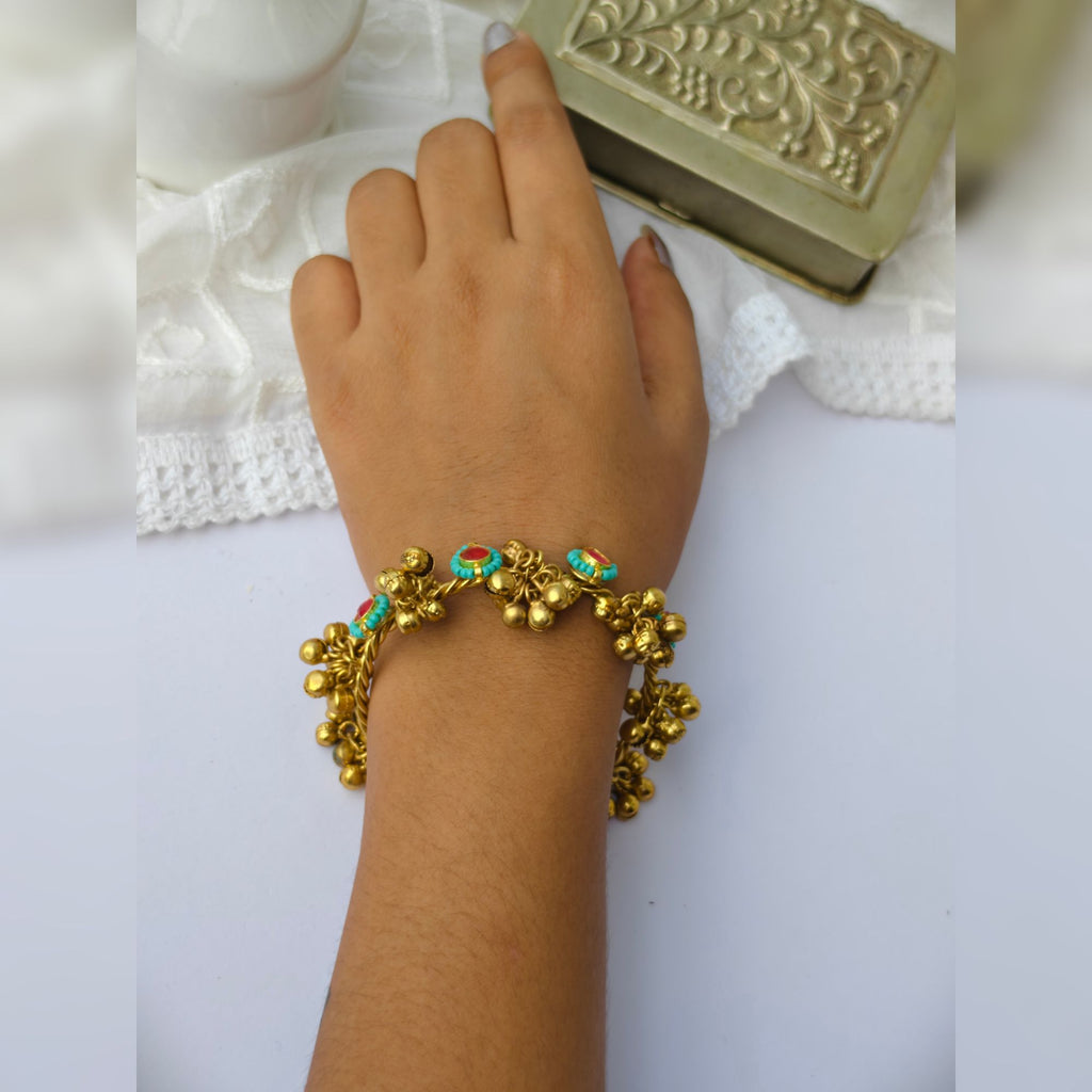 Maahi Golden- turquoise Ghungroo Bracelet