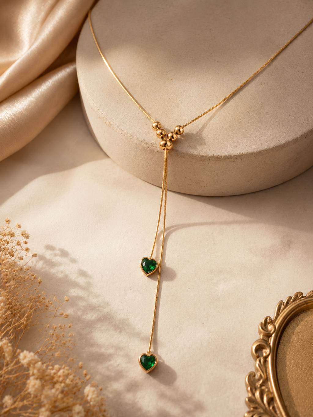 Emerald Heart Drop Lariat Necklace