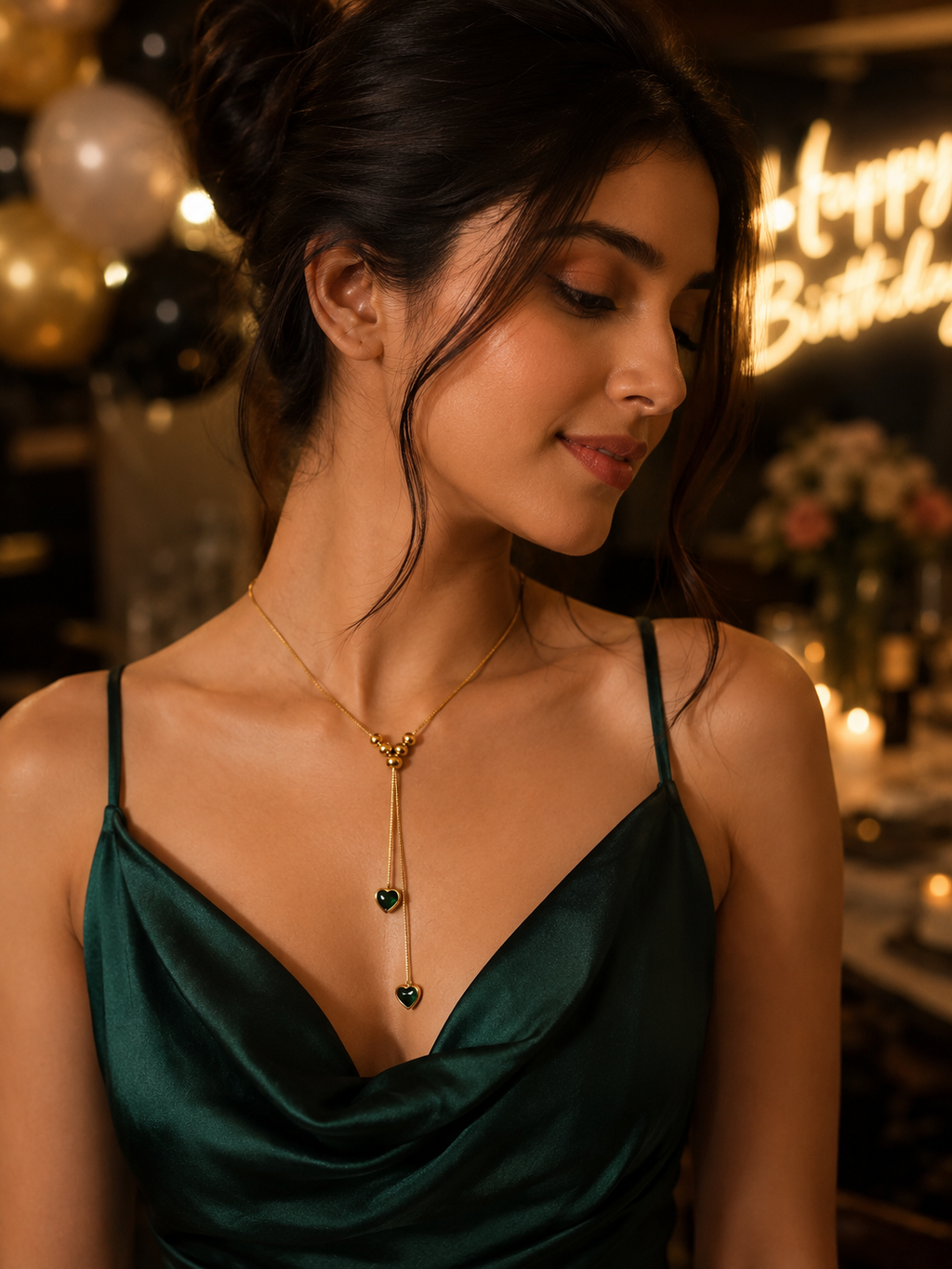 Emerald Heart Drop Lariat Necklace