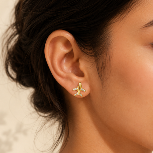 Gold Airplane Crystal Stud Earrings