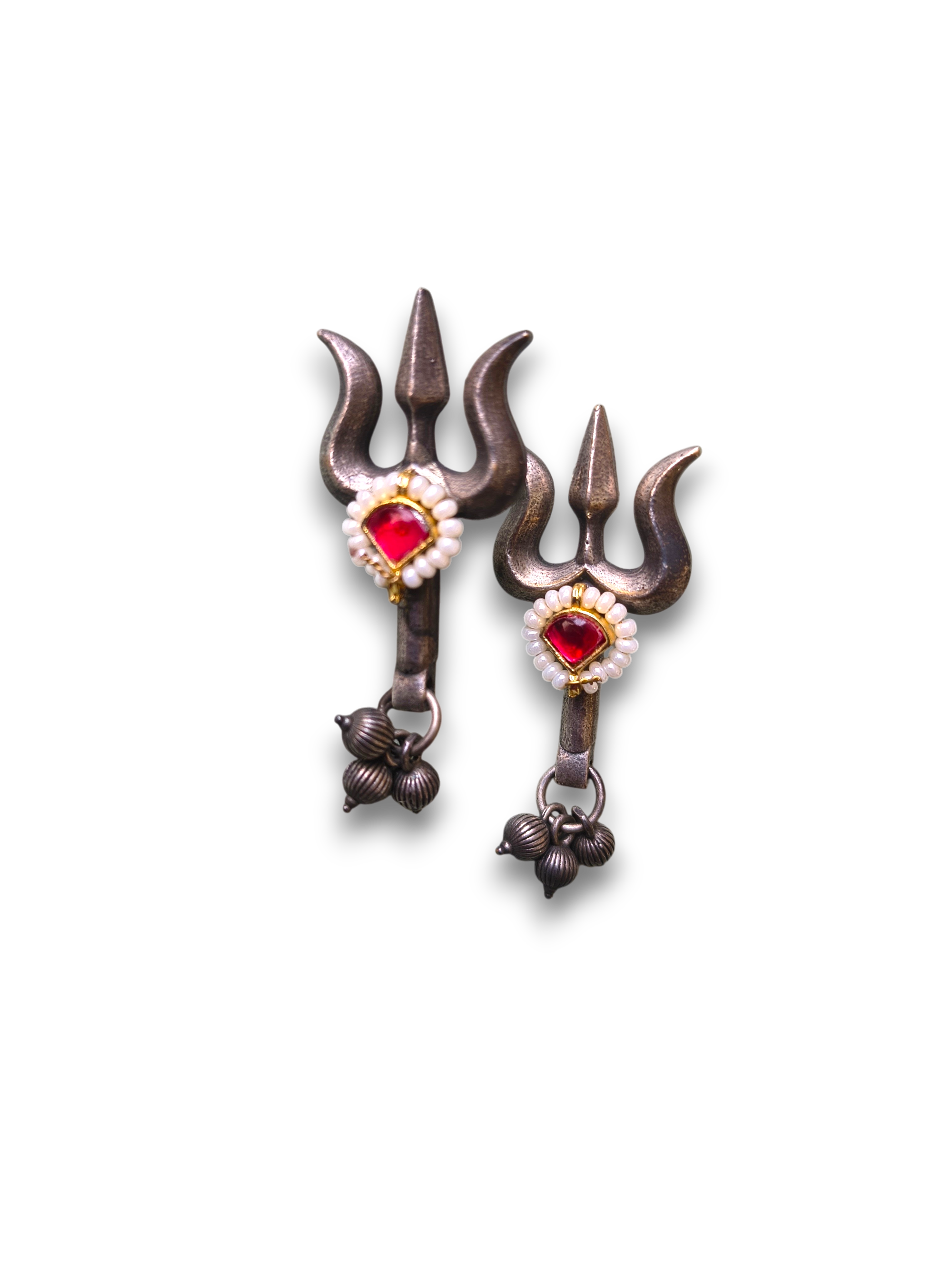 Oxidized Trishul Earrings with Red Stone | Shiva-Inspired Artificial Jewelry