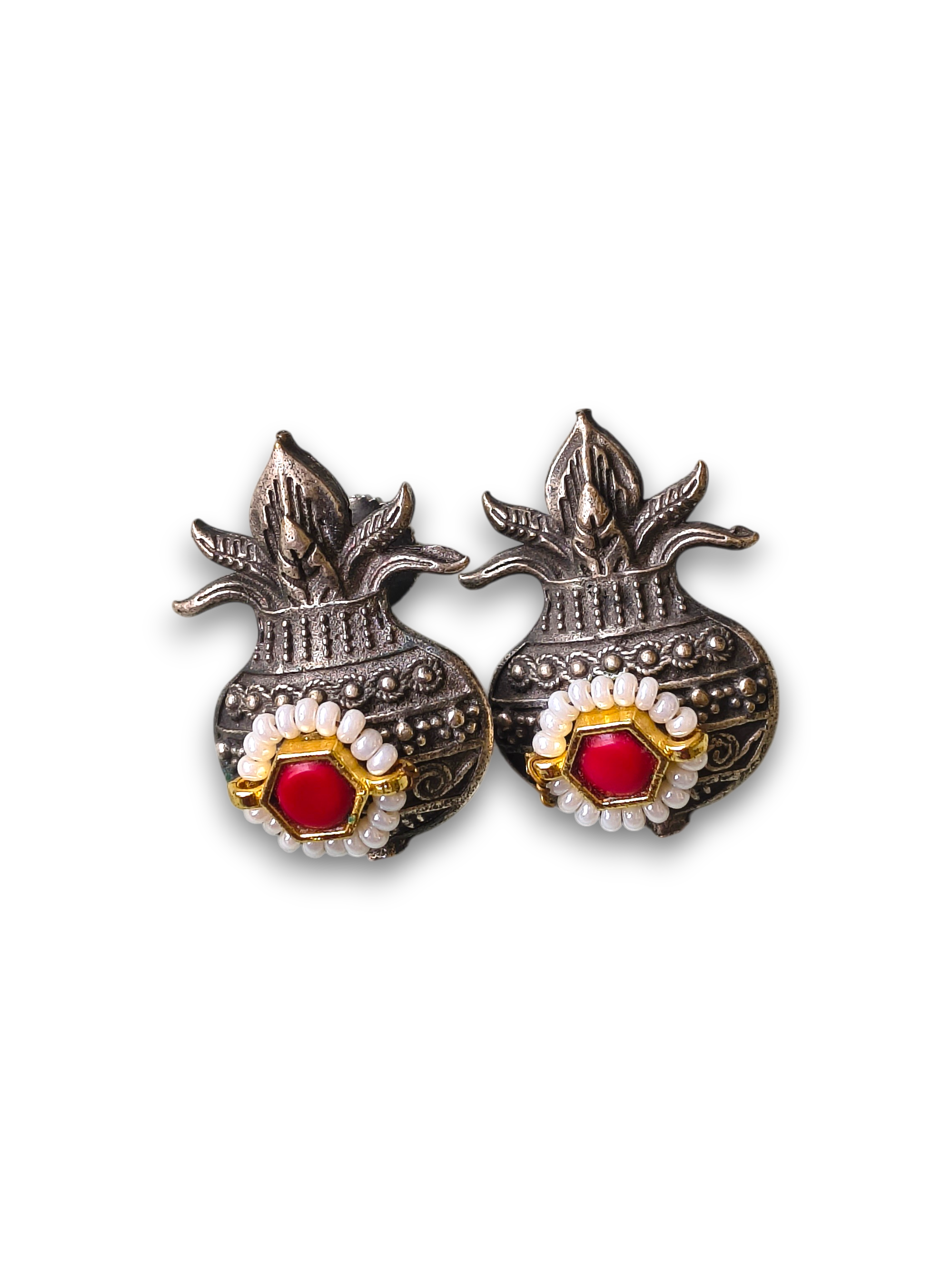 Oxidized Pomegranate Stud Earrings with Red Stone & Pearl Detailing