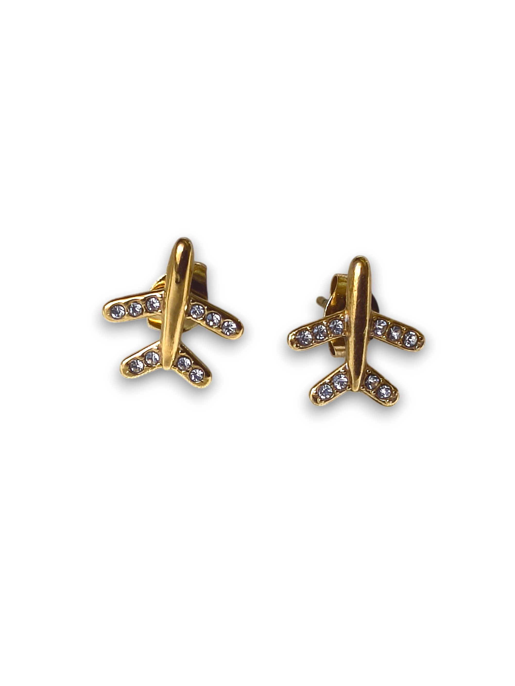 Gold Airplane Crystal Stud Earrings for Women | Travel-Inspired Statement Jewelry