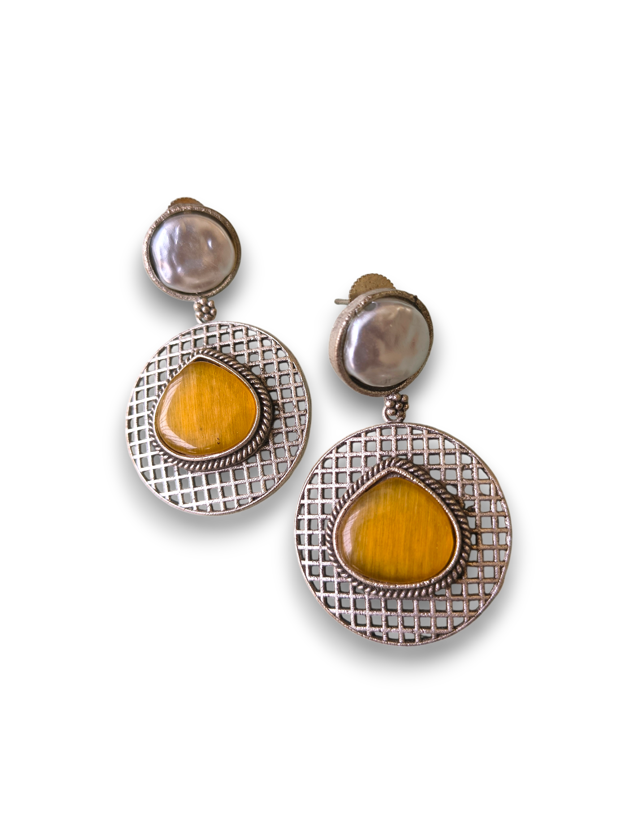 Oxidised Silver Yellow Stone Drop Earrings for Women | Ethnic Statement Jewelry