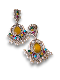 Oxidized Multicolor Pearl Drop Earrings with Yellow Stone