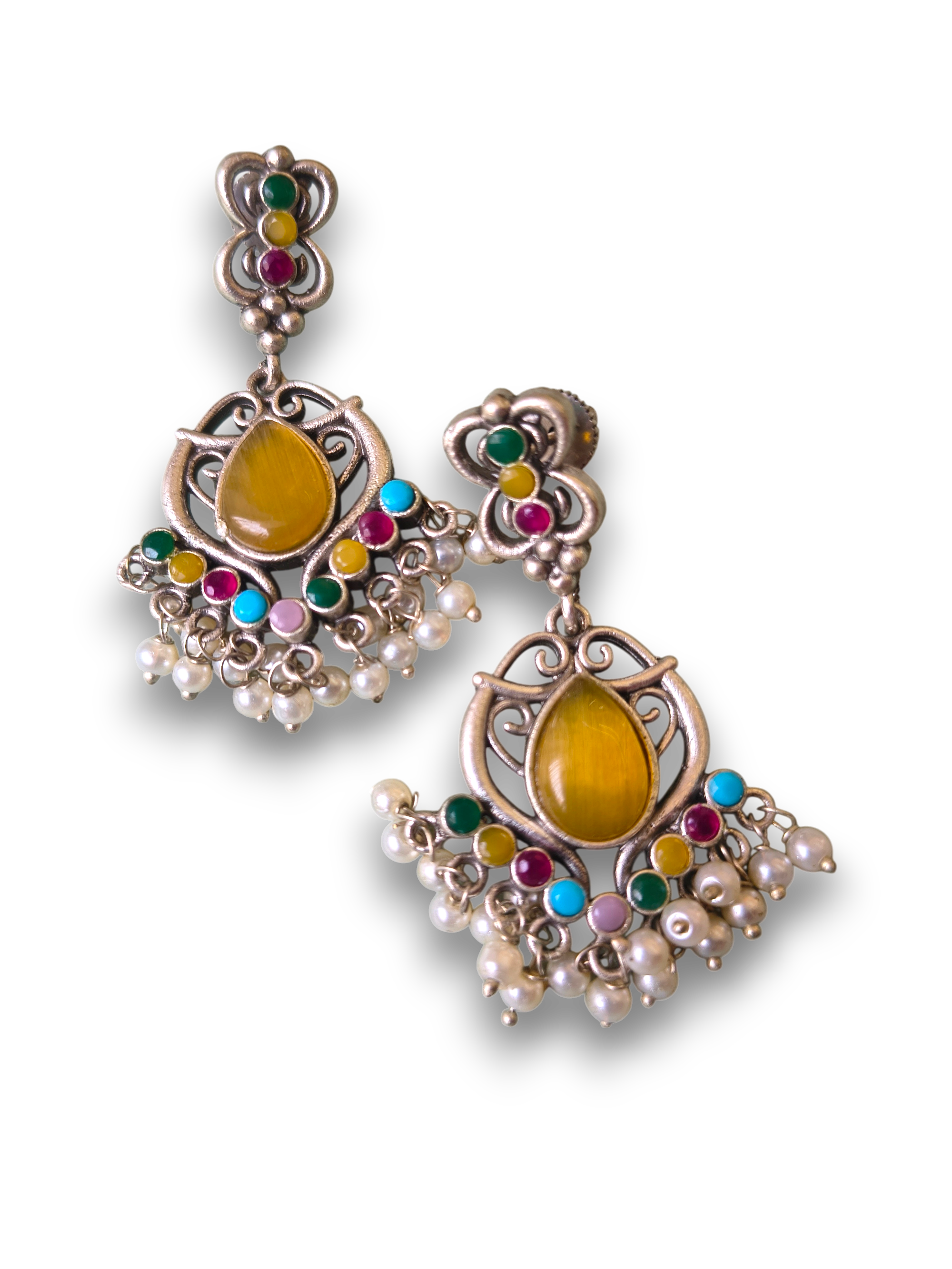 Oxidized Multicolor Pearl Drop Earrings with Yellow Stone